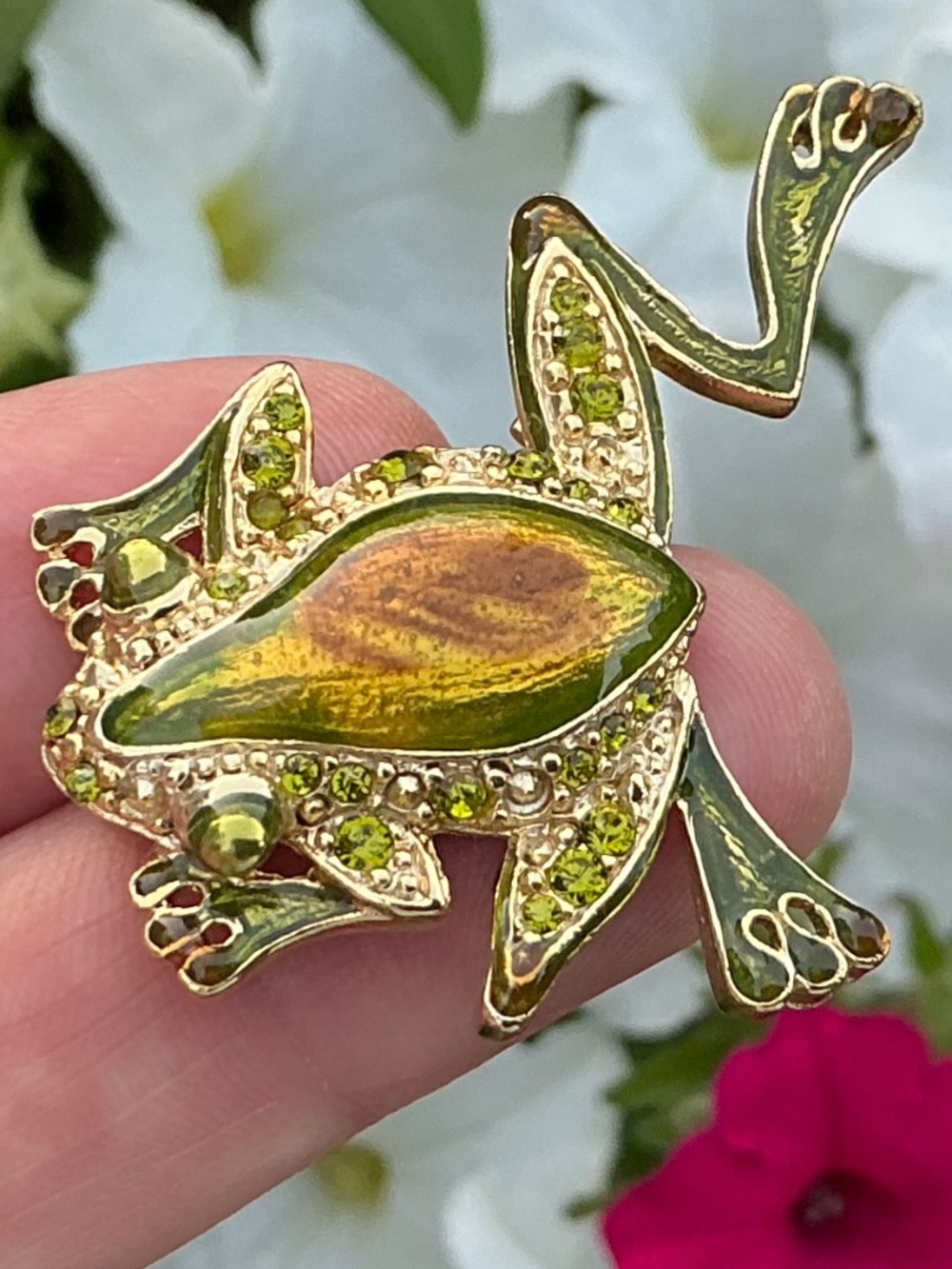 Vintage Leaping Frog Pin Green Enamel Rhinestone Unsigned Liz Claiborne 1980s - Picture 8 of 16